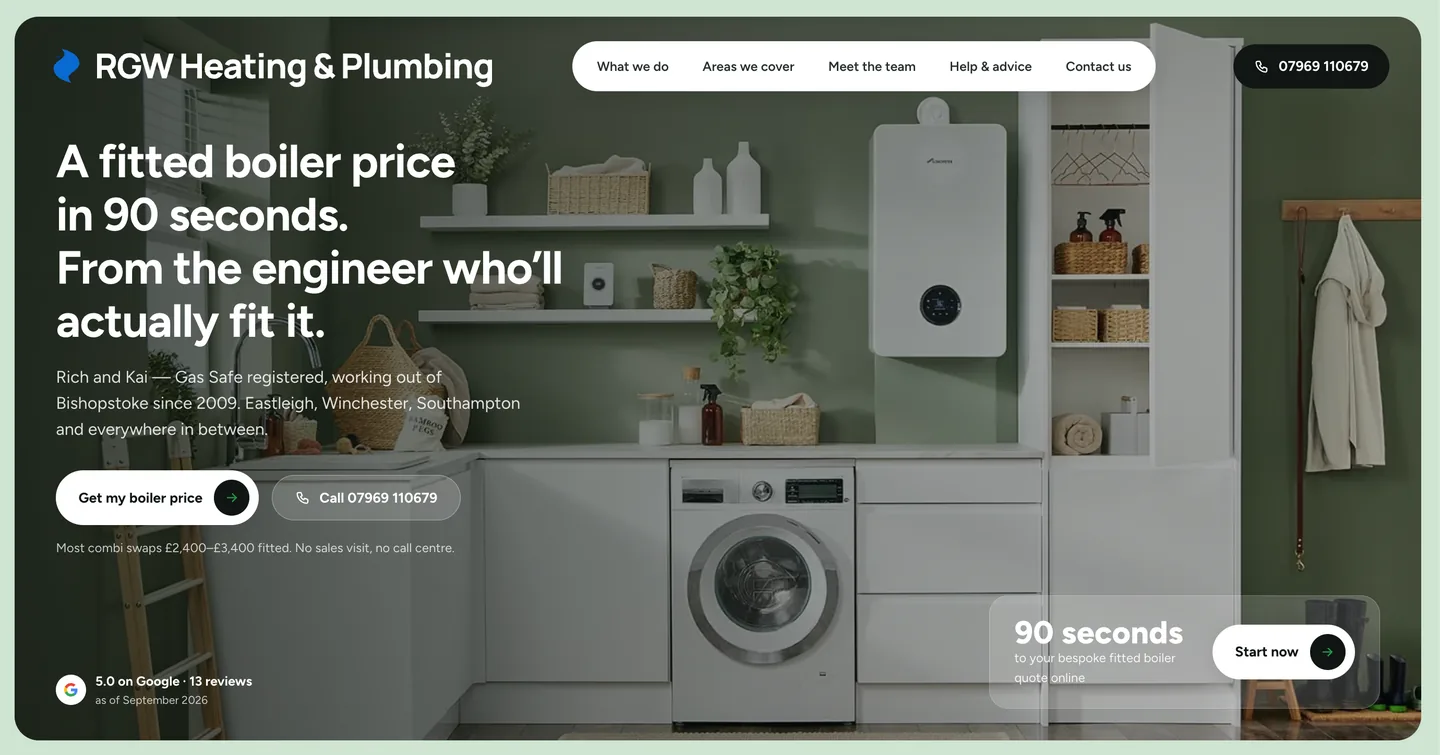 RGW homepage on desktop. Headline: A fitted boiler price in 90 seconds. From the engineer who'll actually fit it. Two buttons, Get my boiler price and Call 07969 110679, over a photo of a wall-mounted boiler in a utility room. A badge reads 5.0 on Google, 13 reviews.