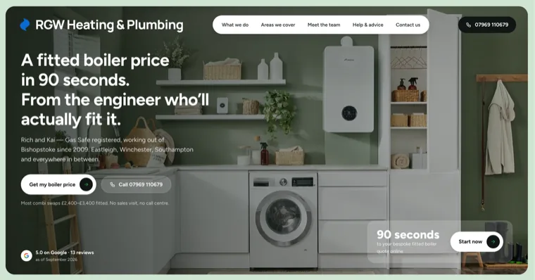 The rebuilt homepage in 2026: green branding over a photograph of a fitted boiler, the headline 'A fitted boiler price in 90 seconds. From the engineer who'll actually fit it', a price button beside a phone number, and a Google rating badge.