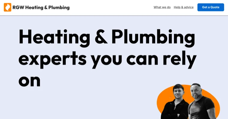 The old RGW homepage in May 2025: orange branding, the headline 'Heating & Plumbing experts you can rely on', a two-item menu, and a Get a Quote button, with a cut-out photo of Rich and Kai.