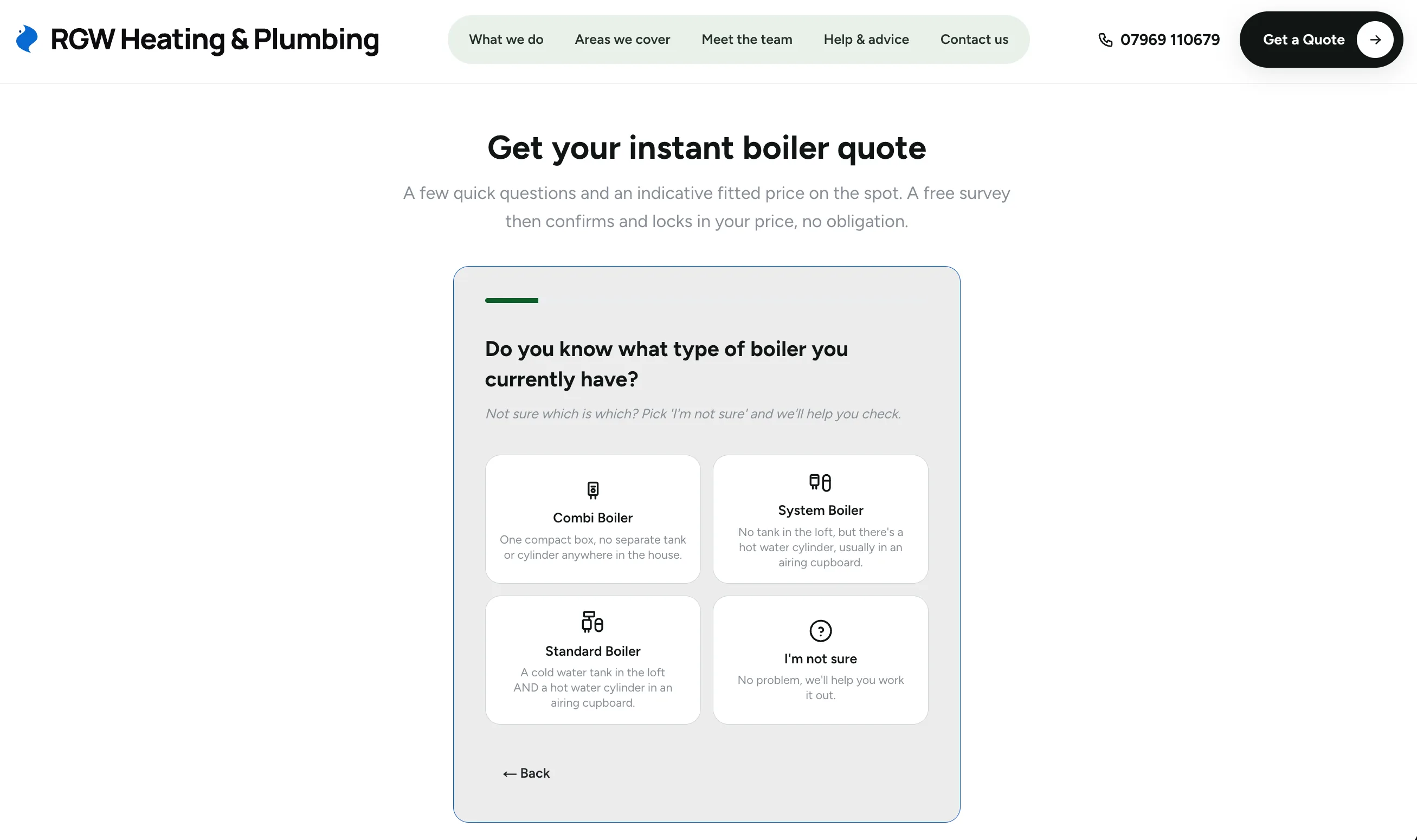 A step in the quote funnel asking Do you know what type of boiler you currently have, with four choice cards: Combi Boiler, System Boiler, Standard Boiler, and I'm not sure. Each card carries a line-drawn icon and a plain-English description.